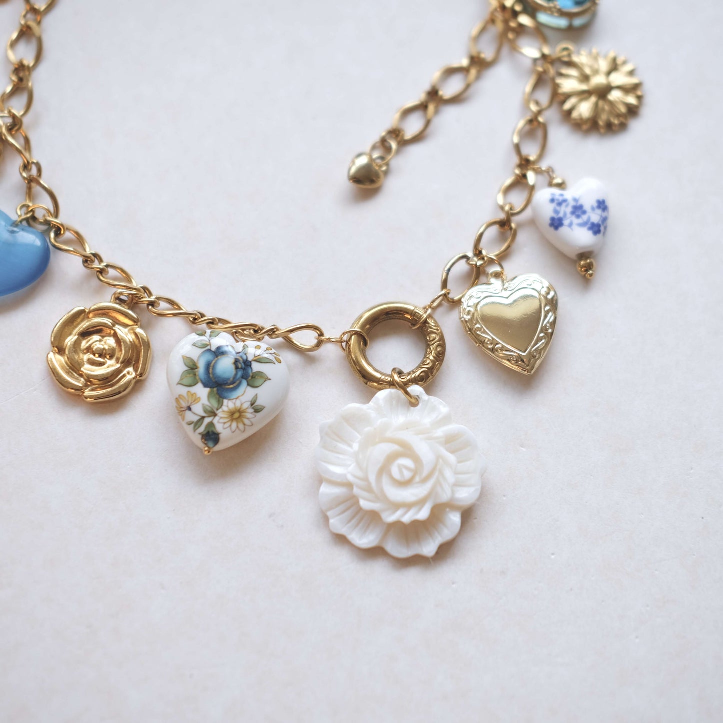 Vintage Heart & Rose Charm Necklace - Gold & Porcelain Floral Design
