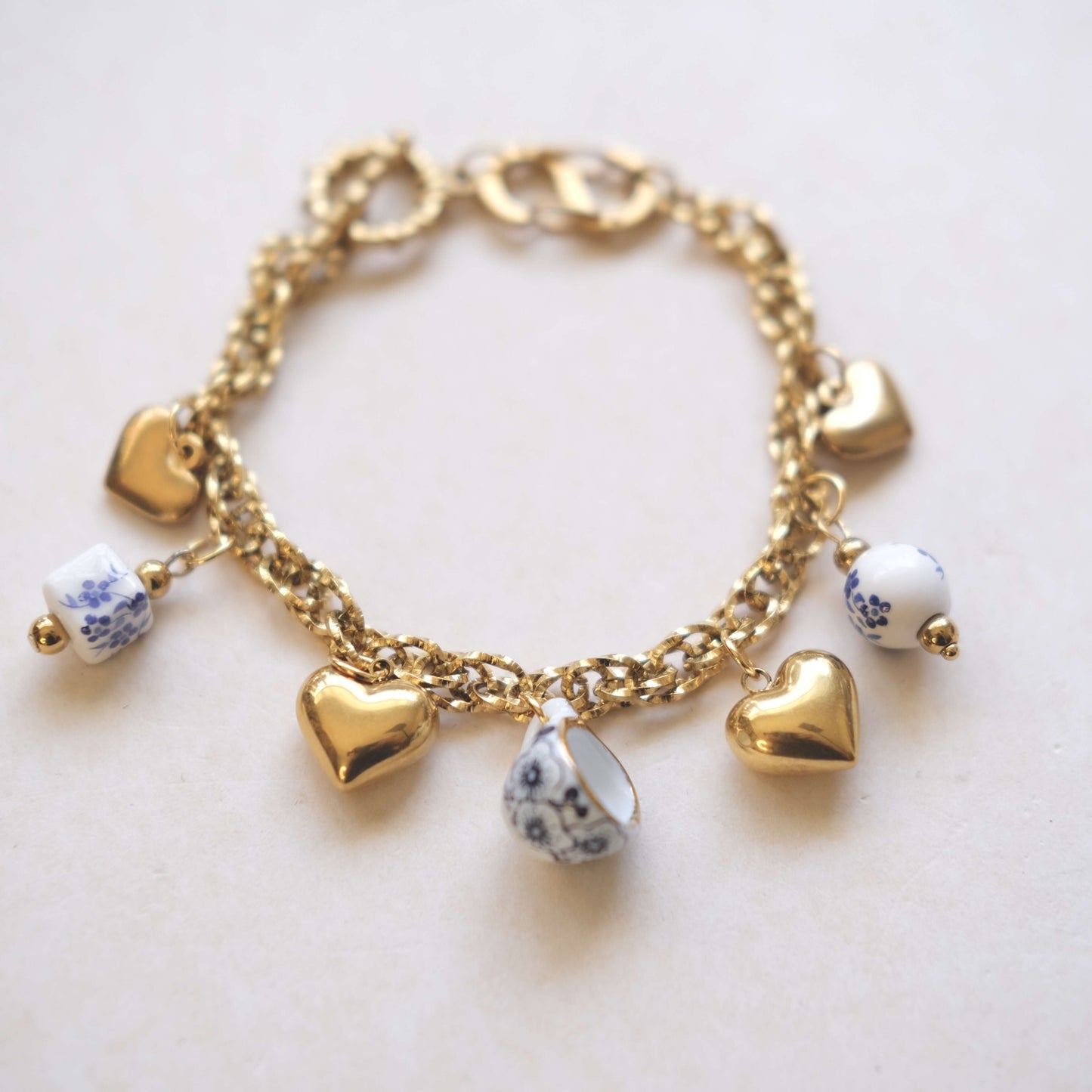 Vintage Heart & Rose Charm Necklace - Gold & Porcelain Floral Design