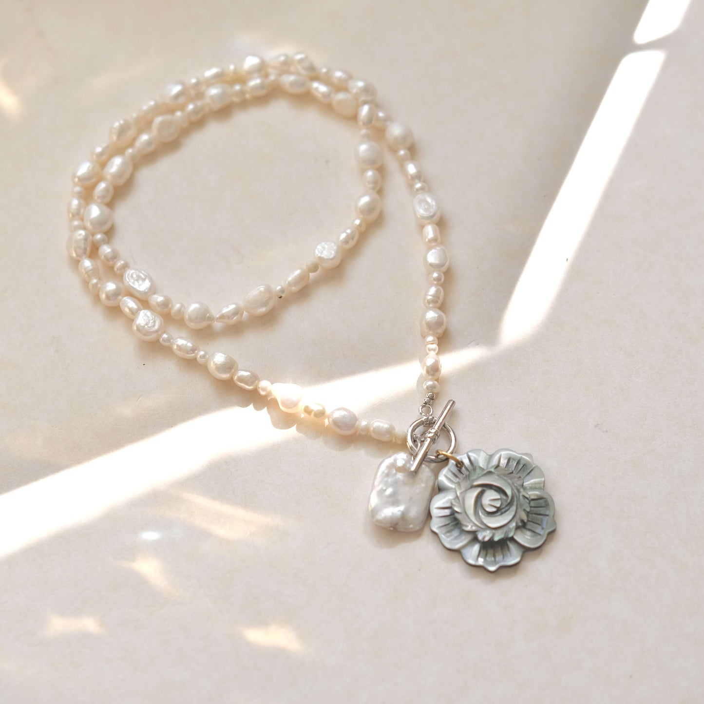 Double Strand Pearl Necklace - Mother of Pearl Rose Pendant & Baroque Charm