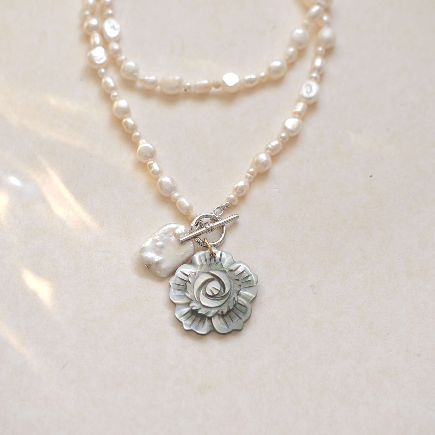 Double Strand Pearl Necklace - Mother of Pearl Rose Pendant & Baroque Charm