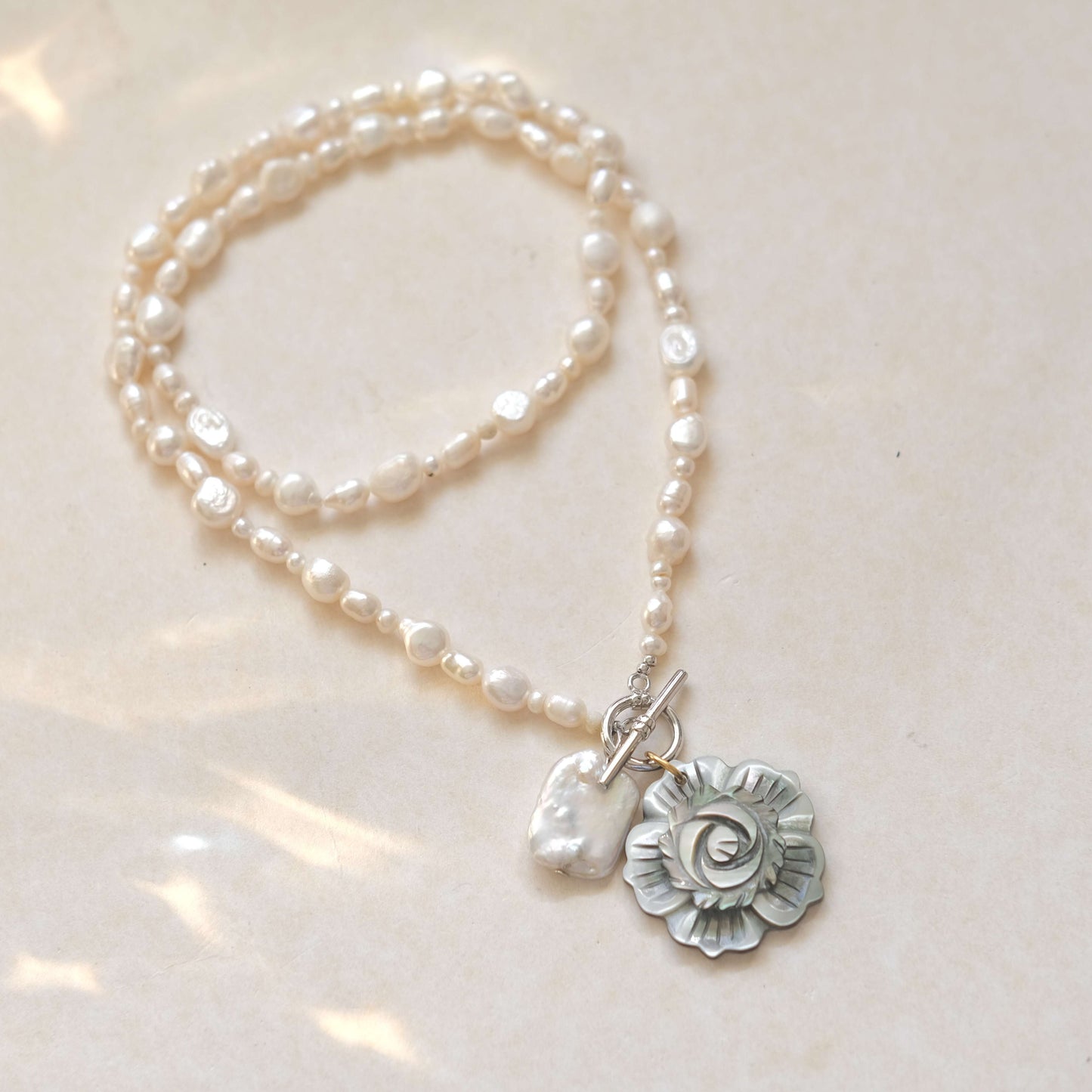 Double Strand Pearl Necklace - Mother of Pearl Rose Pendant & Baroque Charm