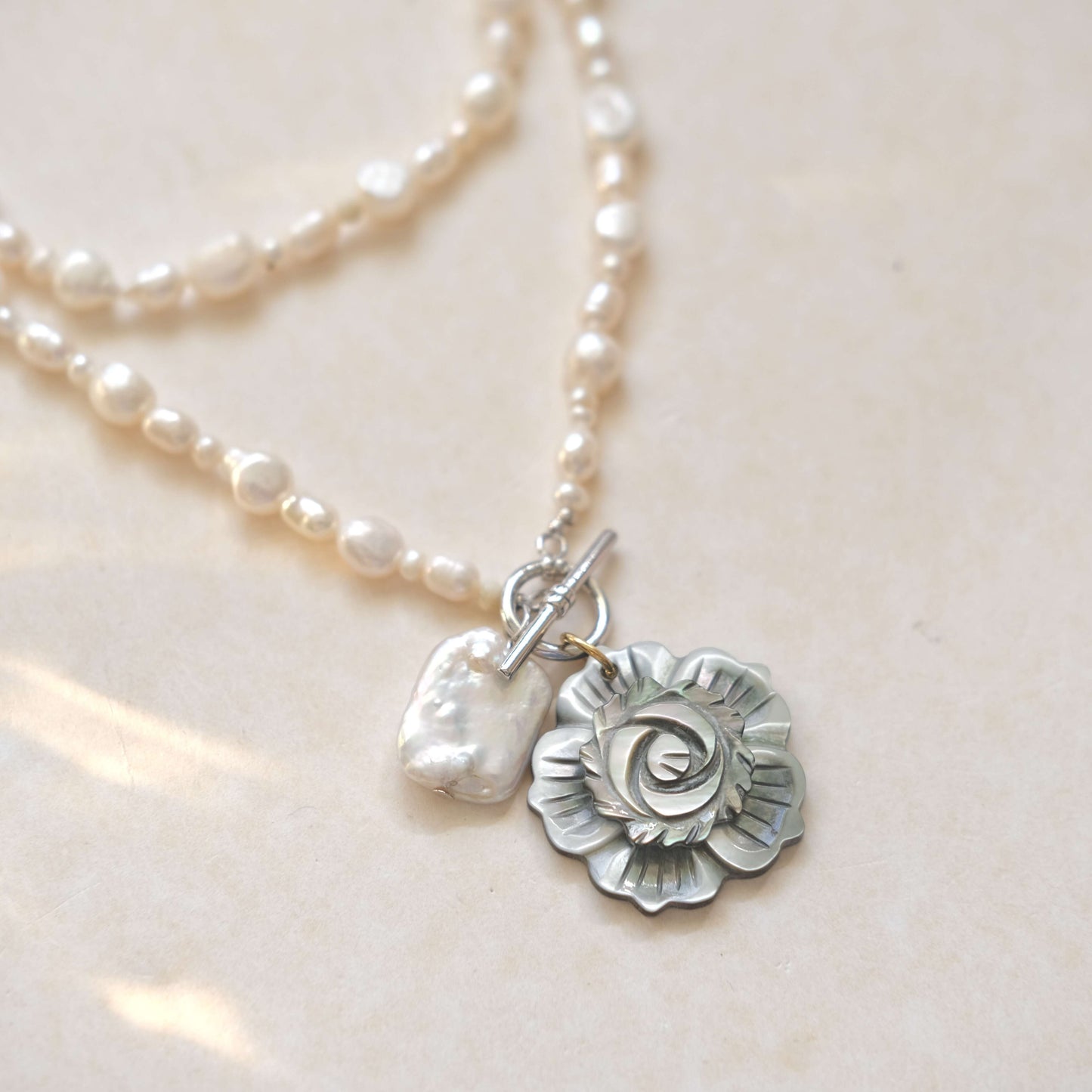 Double Strand Pearl Necklace - Mother of Pearl Rose Pendant & Baroque Charm