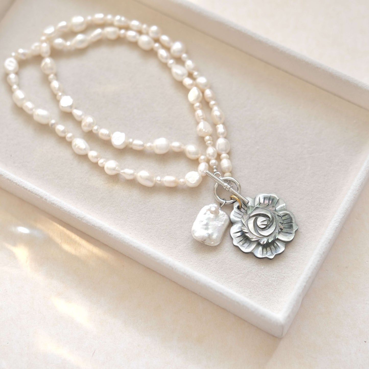 Double Strand Pearl Necklace - Mother of Pearl Rose Pendant & Baroque Charm