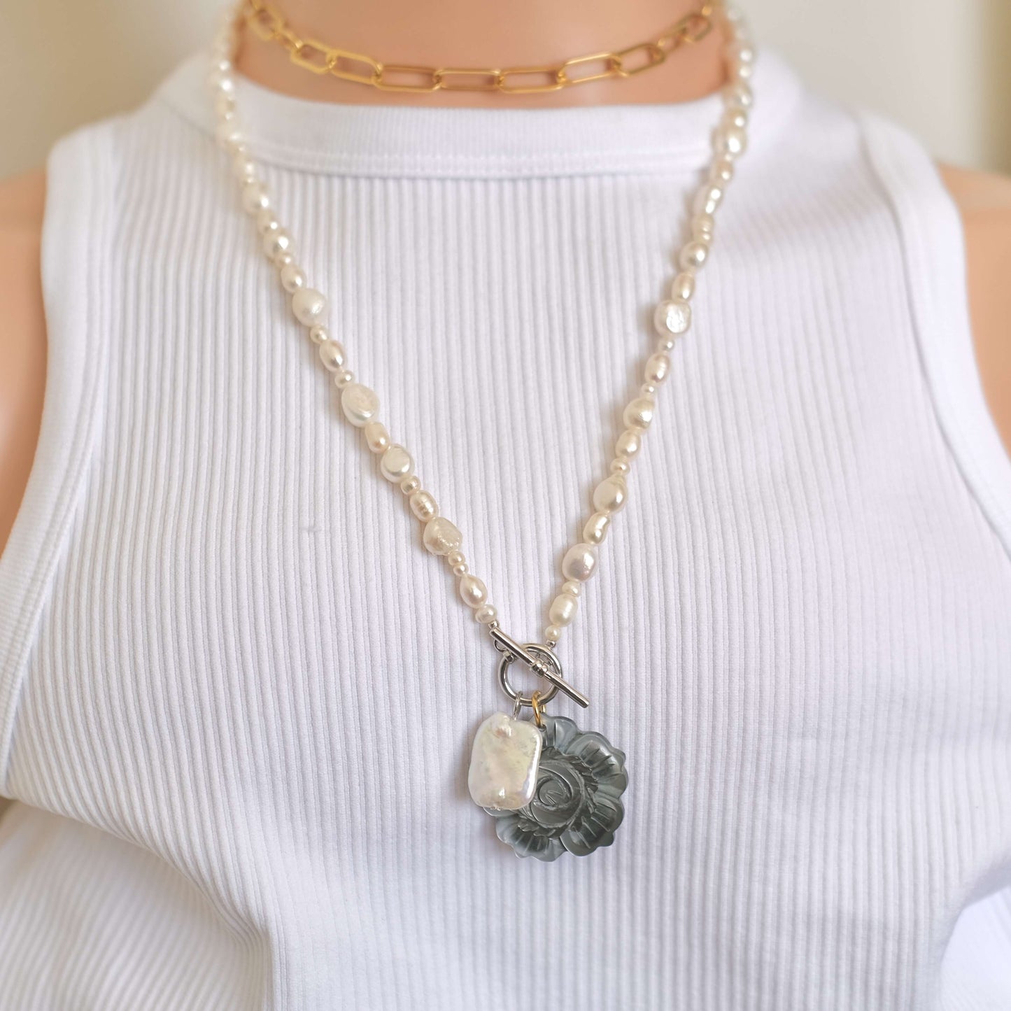Double Strand Pearl Necklace - Mother of Pearl Rose Pendant & Baroque Charm