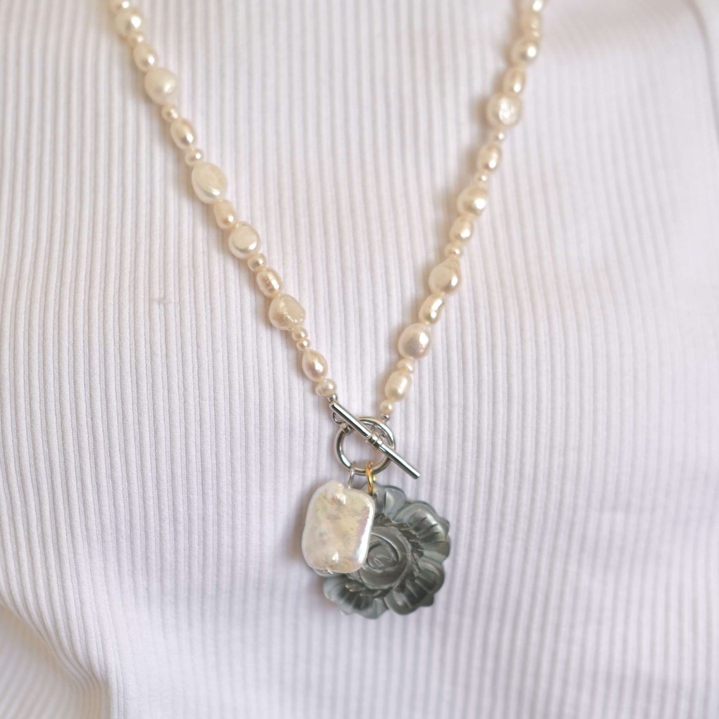 Double Strand Pearl Necklace - Mother of Pearl Rose Pendant & Baroque Charm