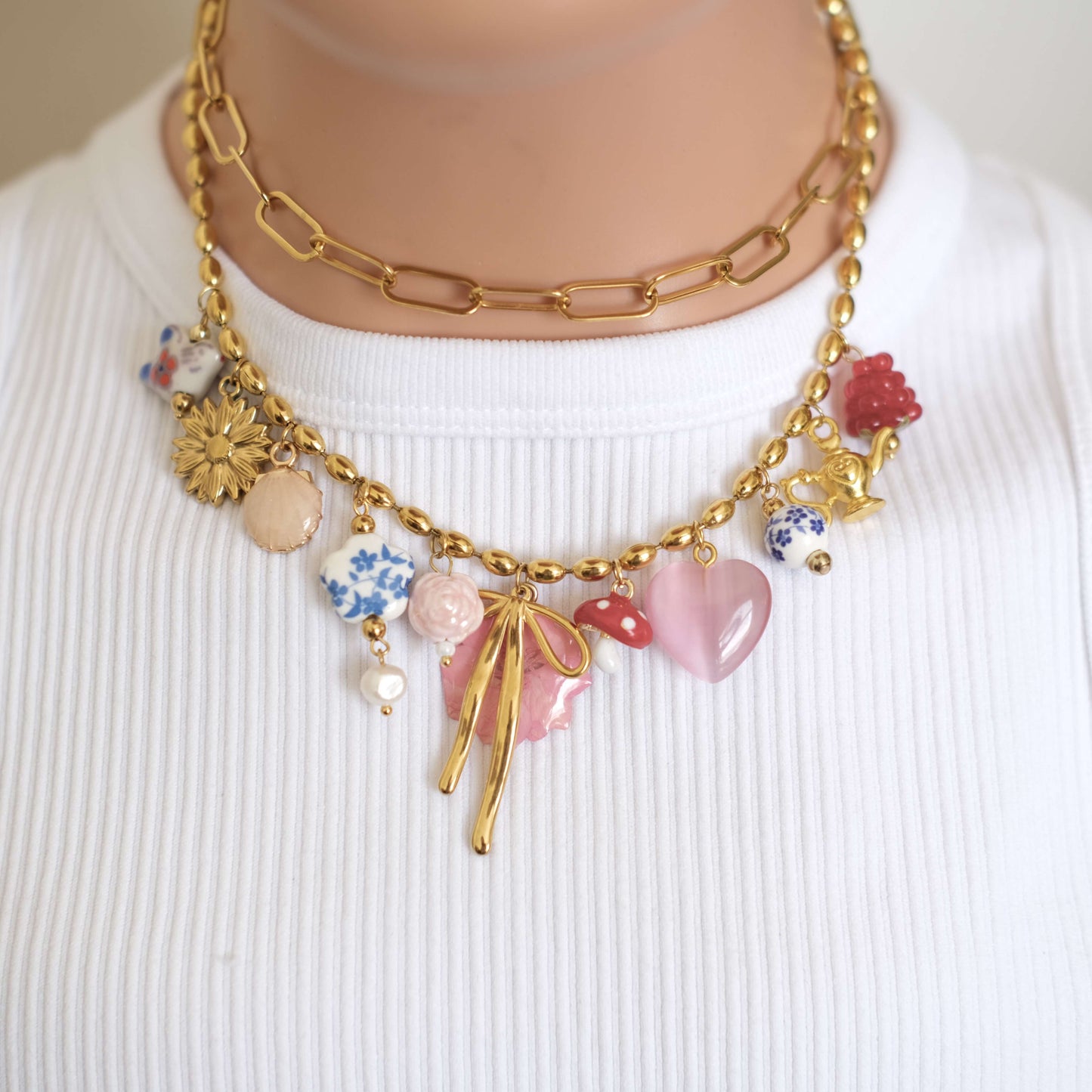 Mushroom and Bow Charms,Ceramic pendants necklace