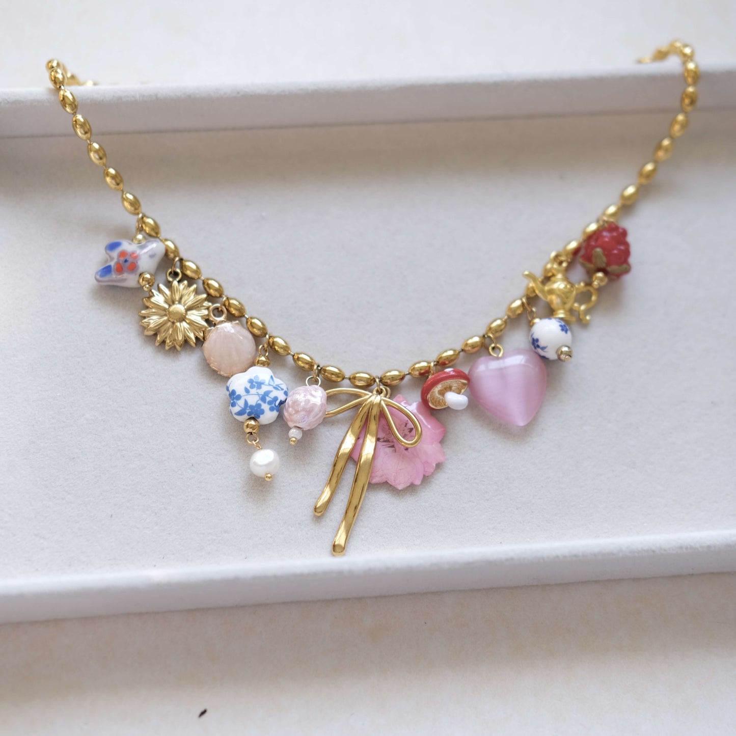 Mushroom and Bow Charms,Ceramic pendants necklace