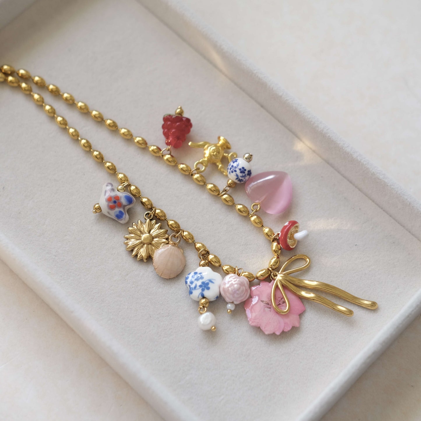 Mushroom and Bow Charms,Ceramic pendants necklace