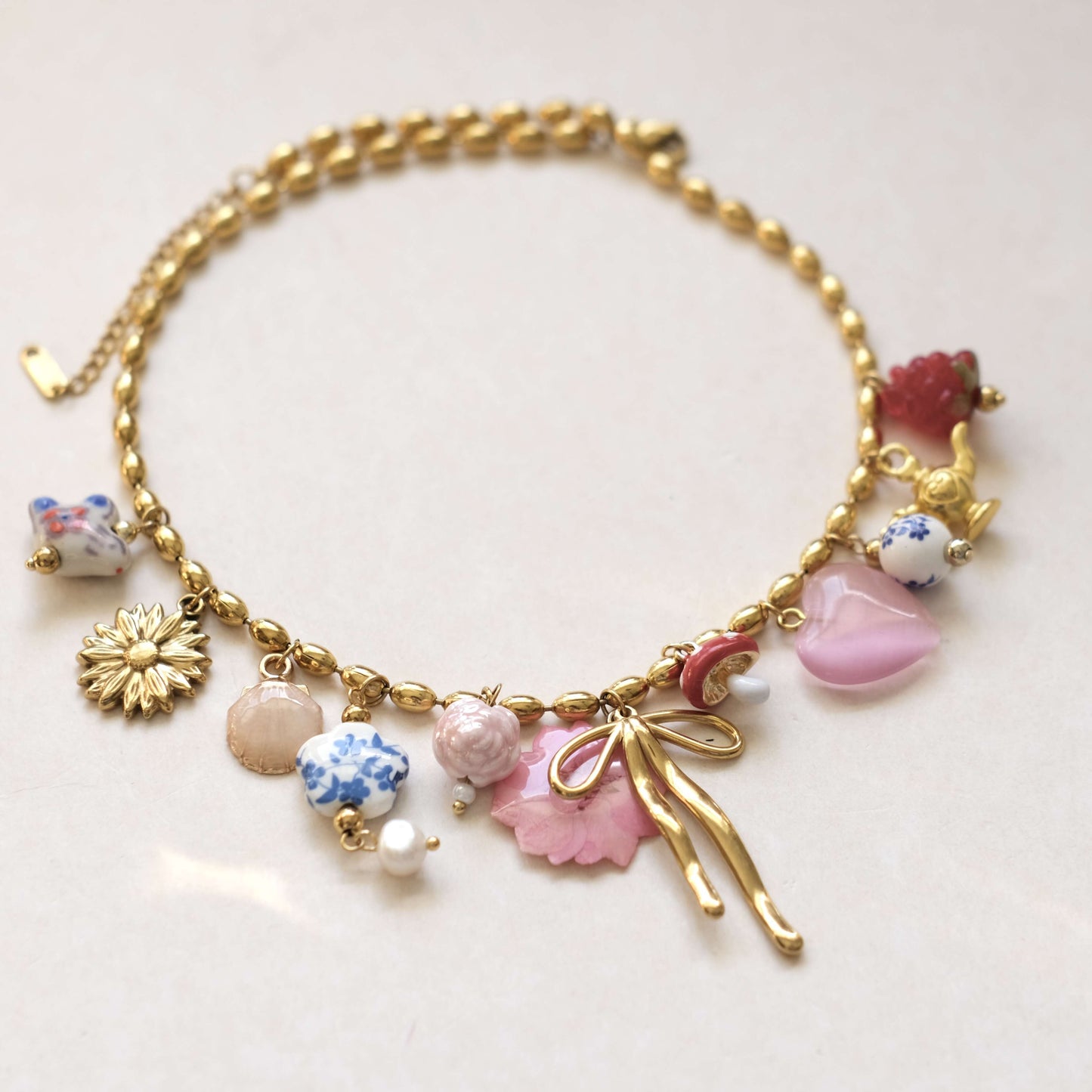 Mushroom and Bow Charms,Ceramic pendants necklace