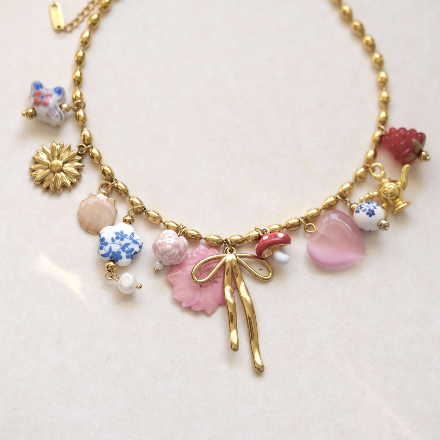 Mushroom and Bow Charms,Ceramic pendants necklace