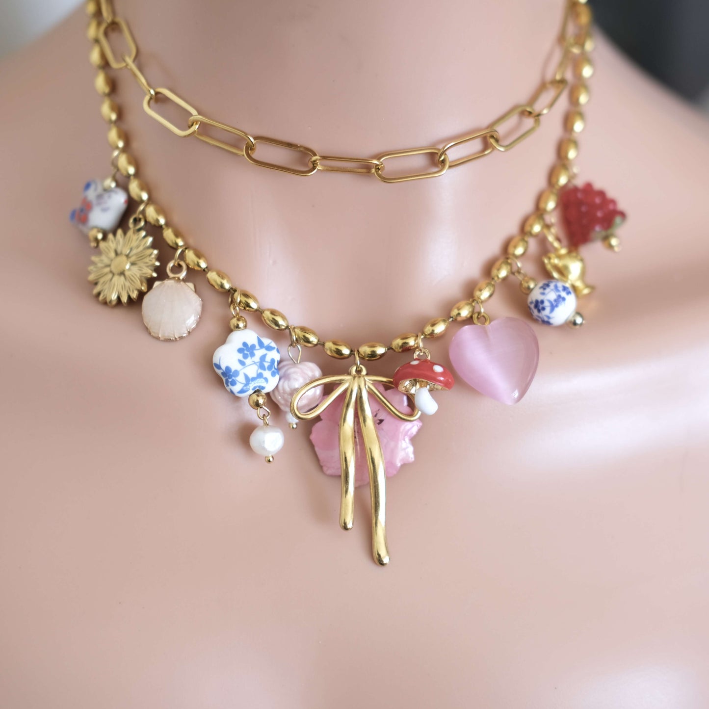 Mushroom and Bow Charms,Ceramic pendants necklace