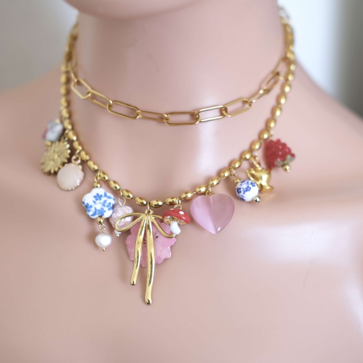 Mushroom and Bow Charms,Ceramic pendants necklace