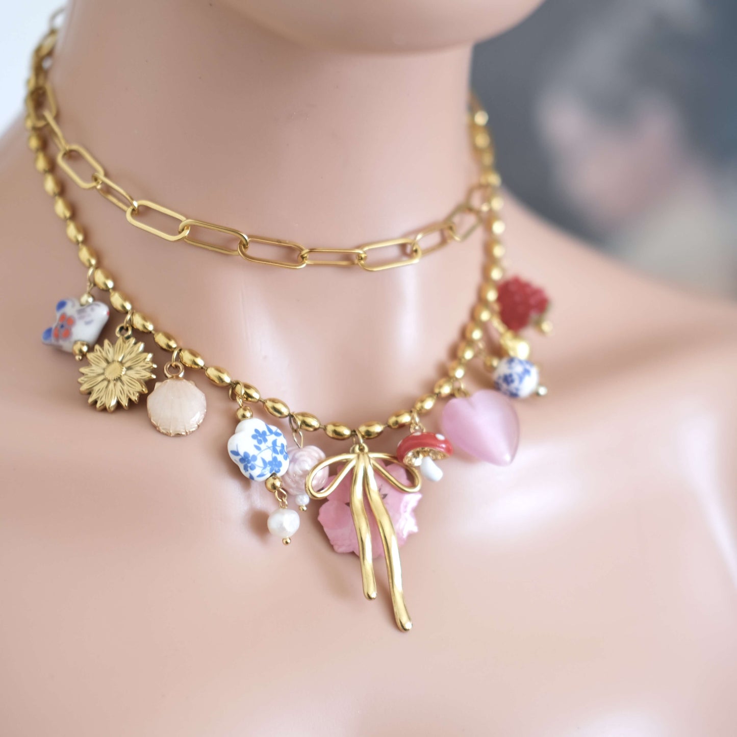 Mushroom and Bow Charms,Ceramic pendants necklace
