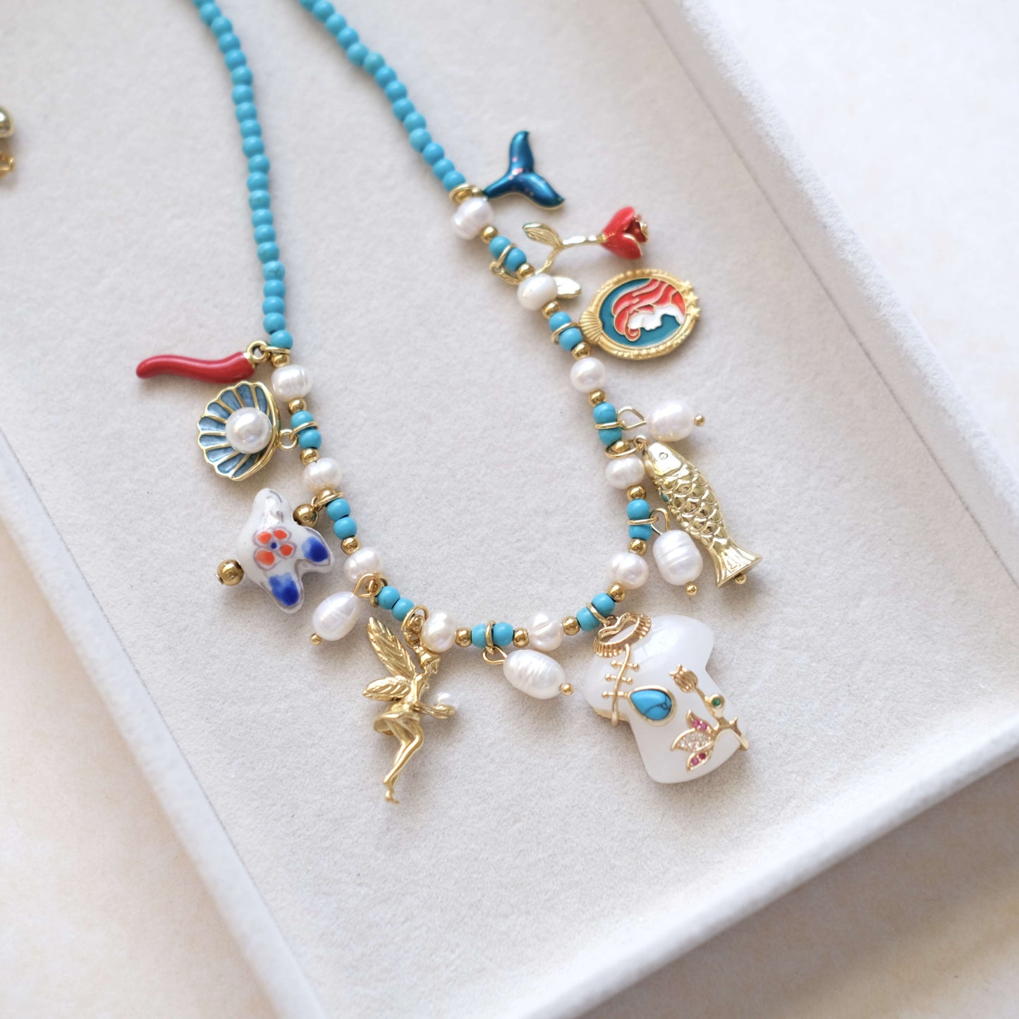 Mermaid Charm blue Beaded Necklace