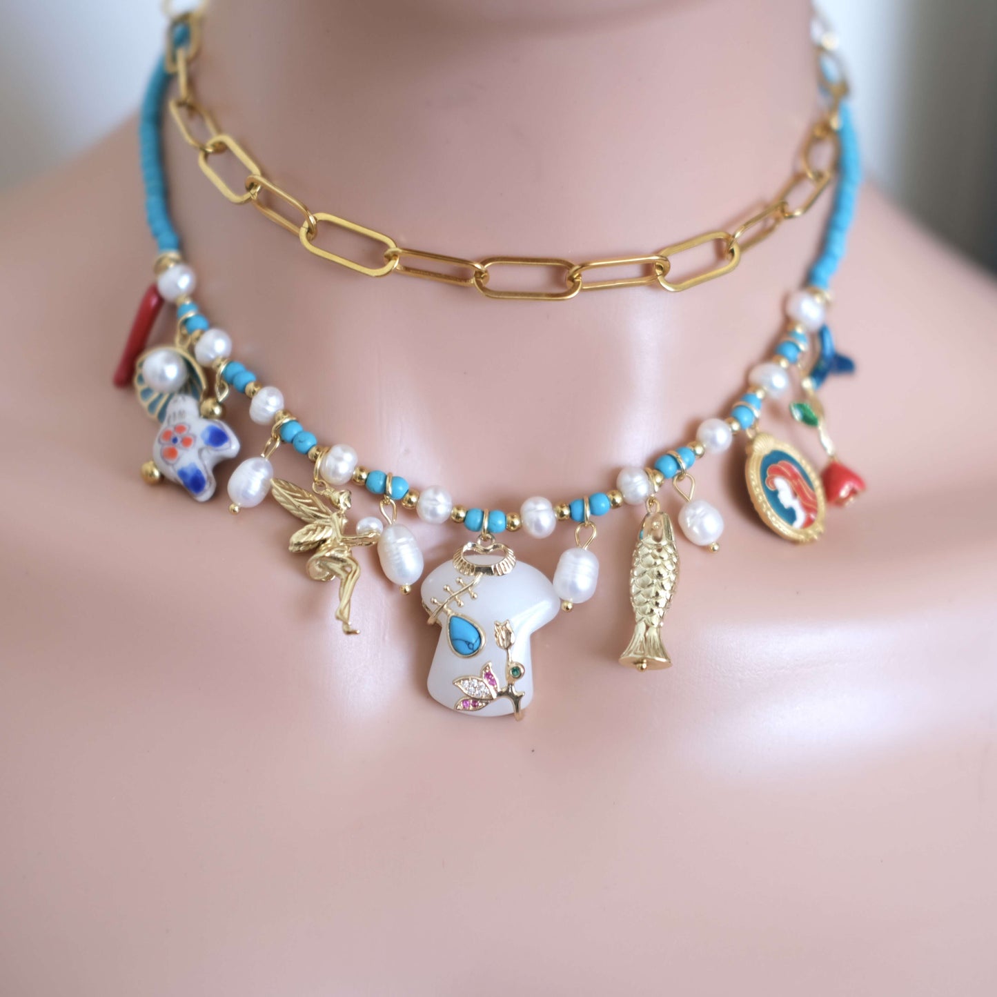 Mermaid Charm blue Beaded Necklace