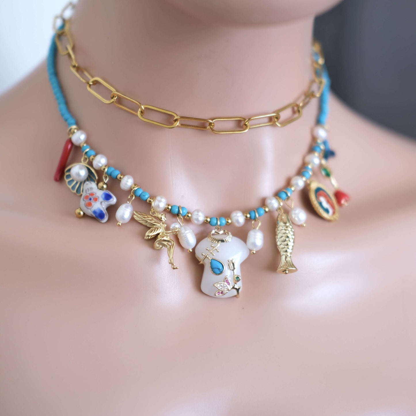 Mermaid Charm blue Beaded Necklace