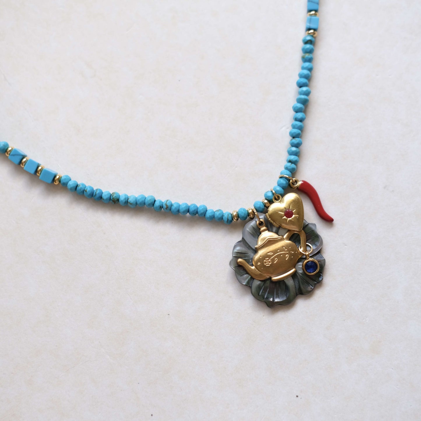 Teapot Charm black mother of pearl Beaded Necklace