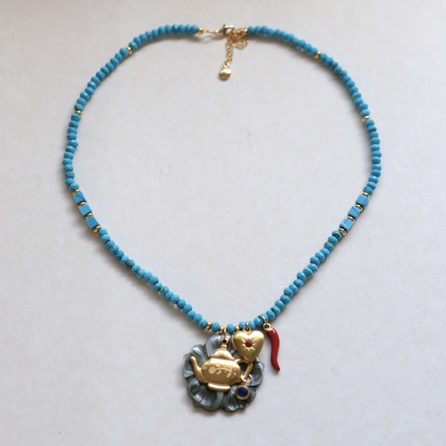 Teapot Charm black mother of pearl Beaded Necklace