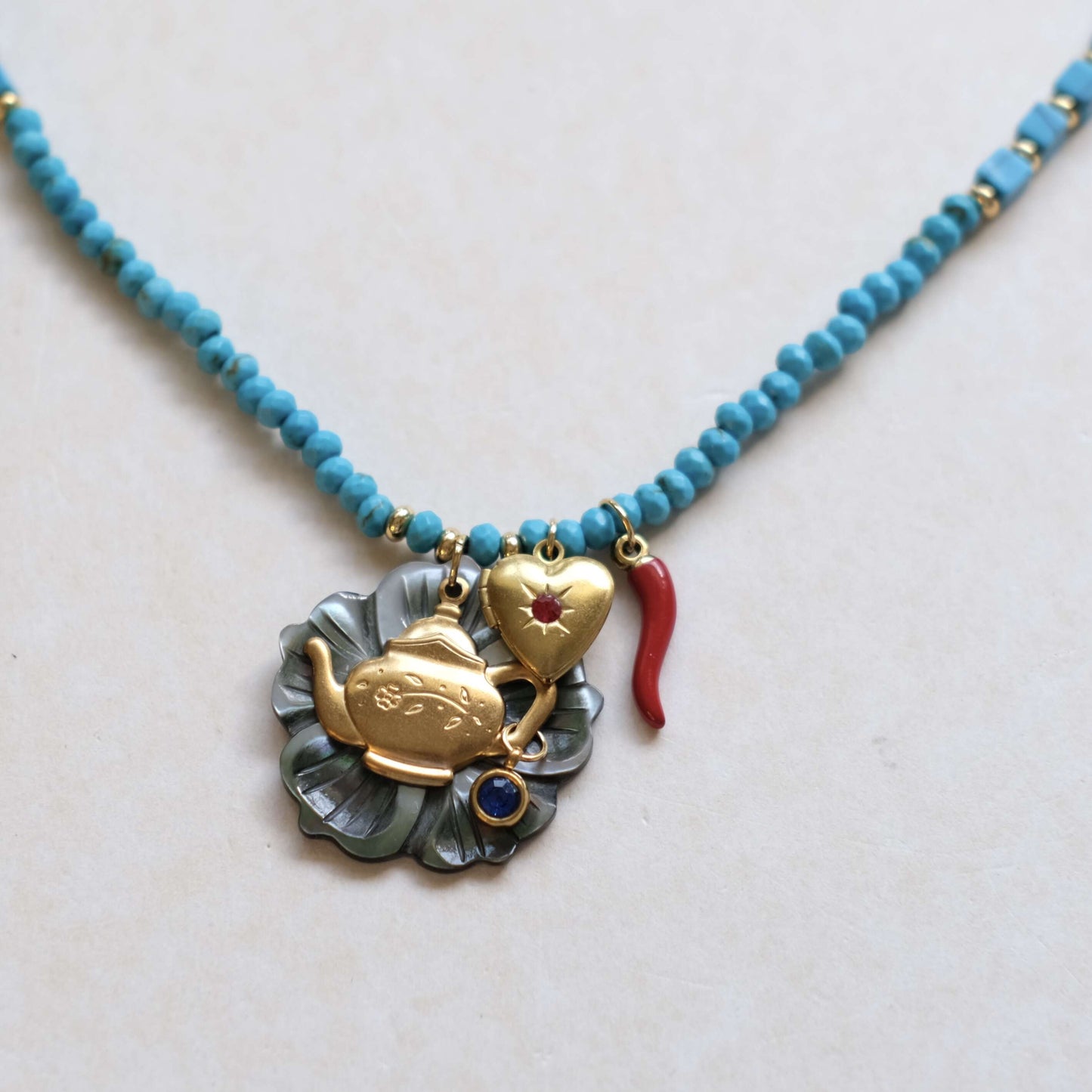 Teapot Charm black mother of pearl Beaded Necklace
