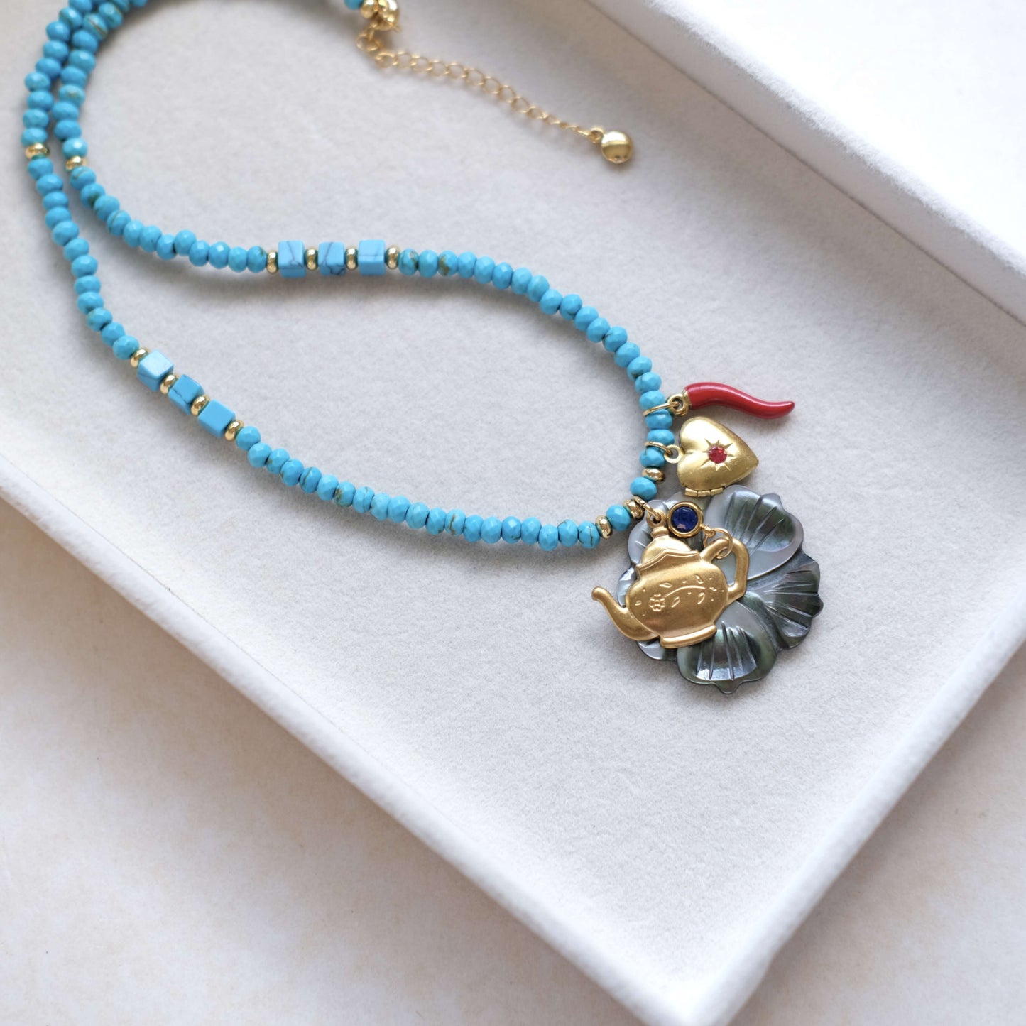 Teapot Charm black mother of pearl Beaded Necklace