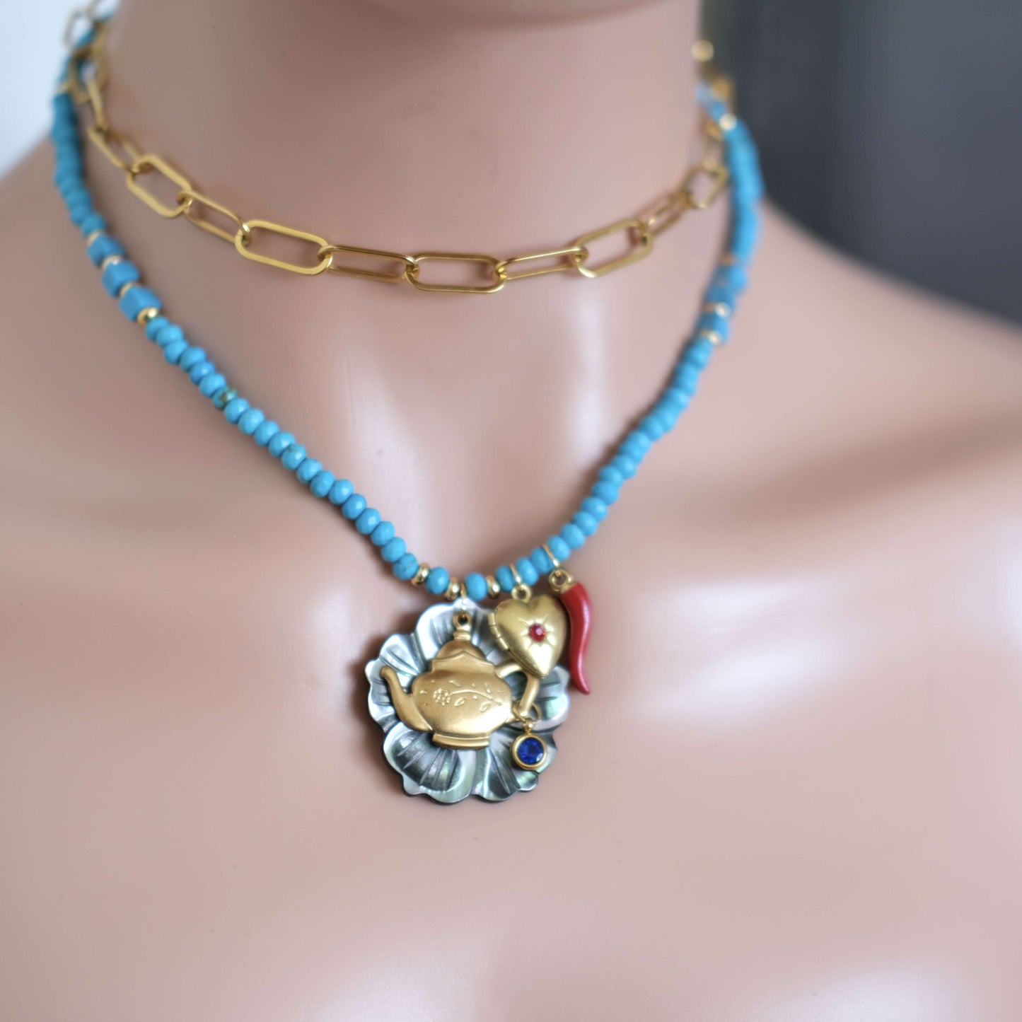 Teapot Charm black mother of pearl Beaded Necklace