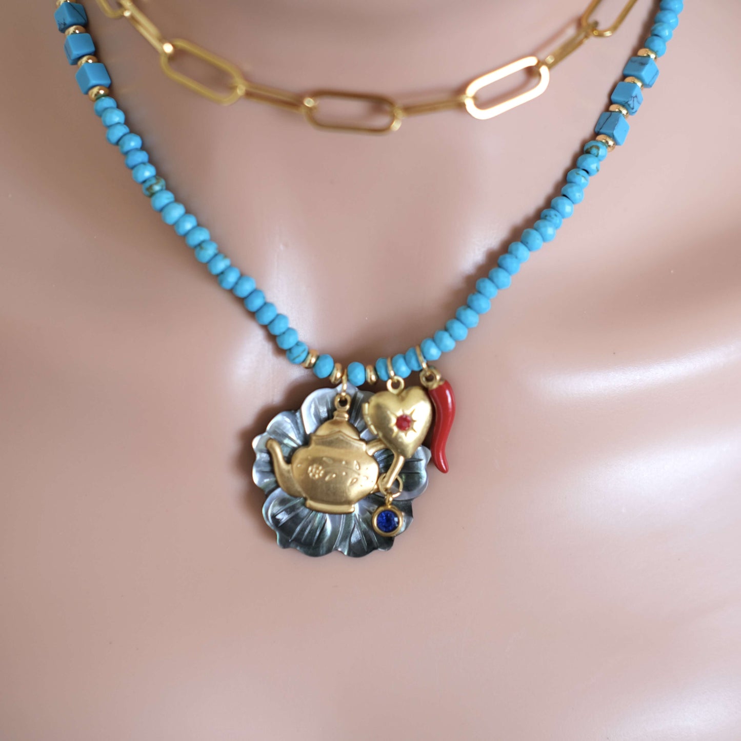 Teapot Charm black mother of pearl Beaded Necklace