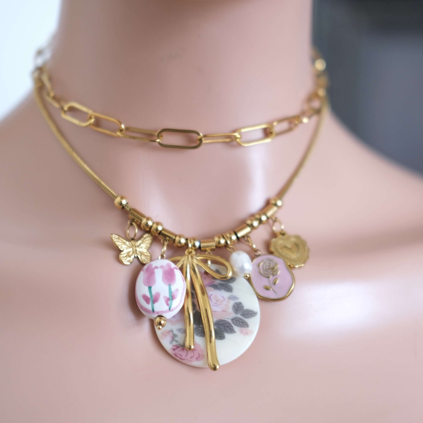 Floral Charm Necklace with Bow & Pearl Accents