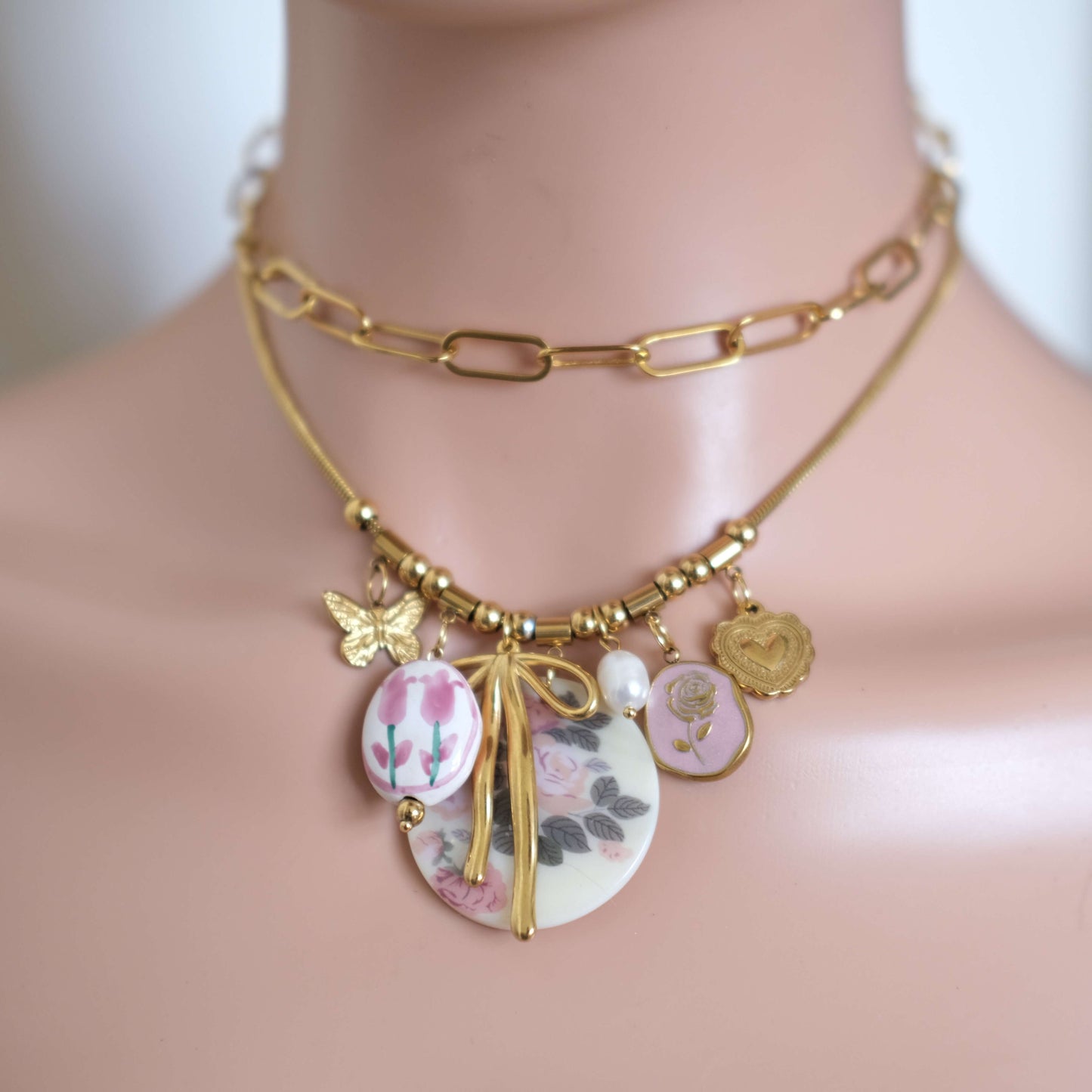 Floral Charm Necklace with Bow & Pearl Accents