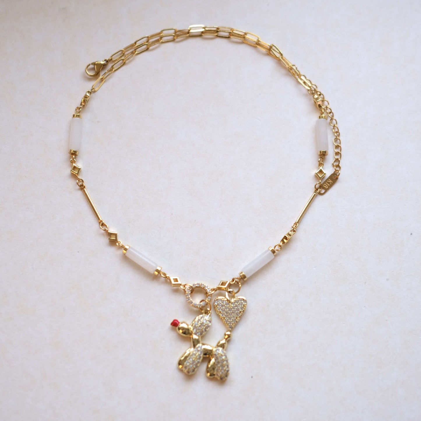 Poodle and Heart Charm Necklace - Elegant Gold Chain with Crystal Accents