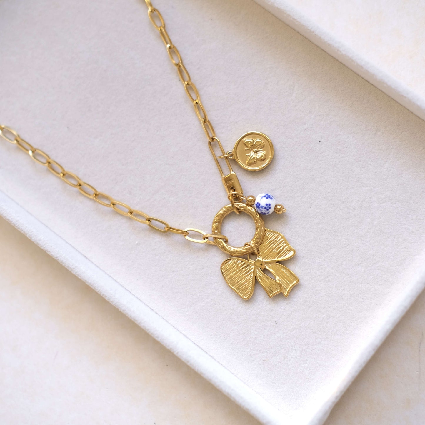 Gold Bow Charm Necklace - Elegant Butterfly Coin Accent