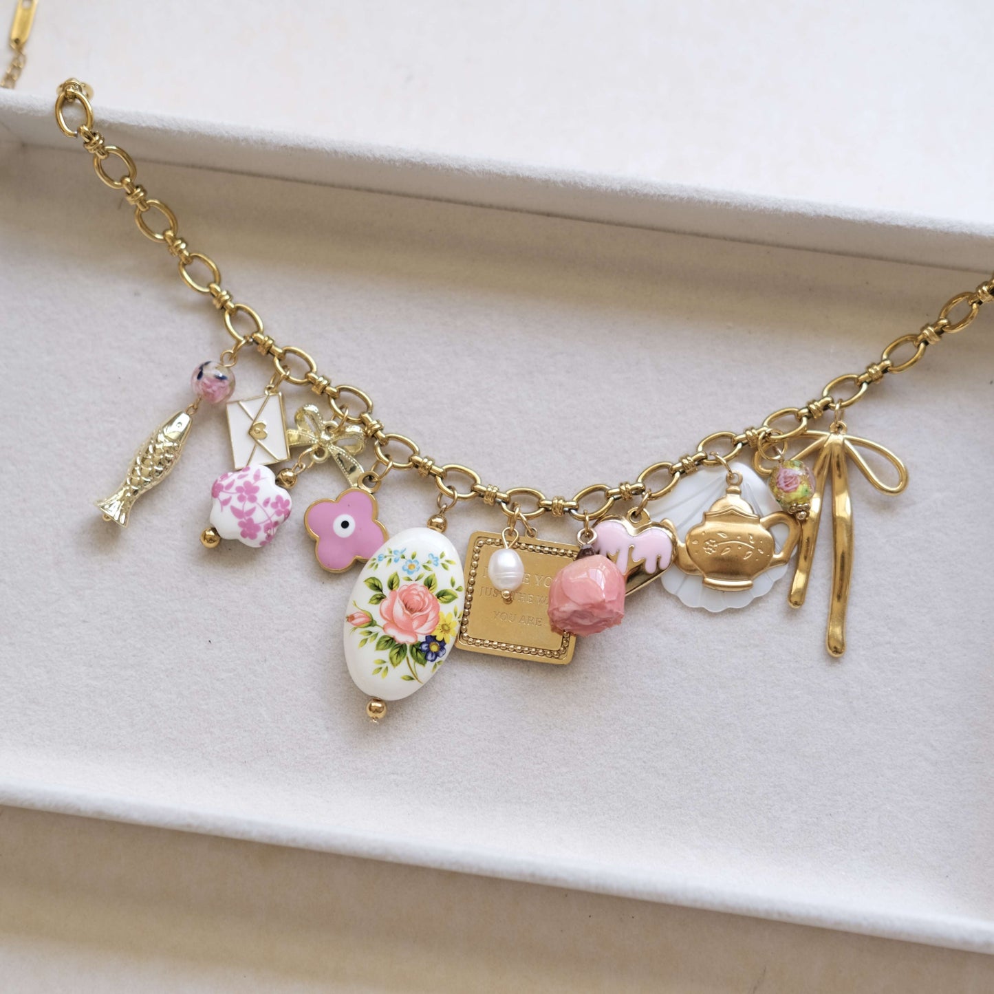 Vintage Charm Necklace - Gold Chain with Floral, Fish & Tea Accents