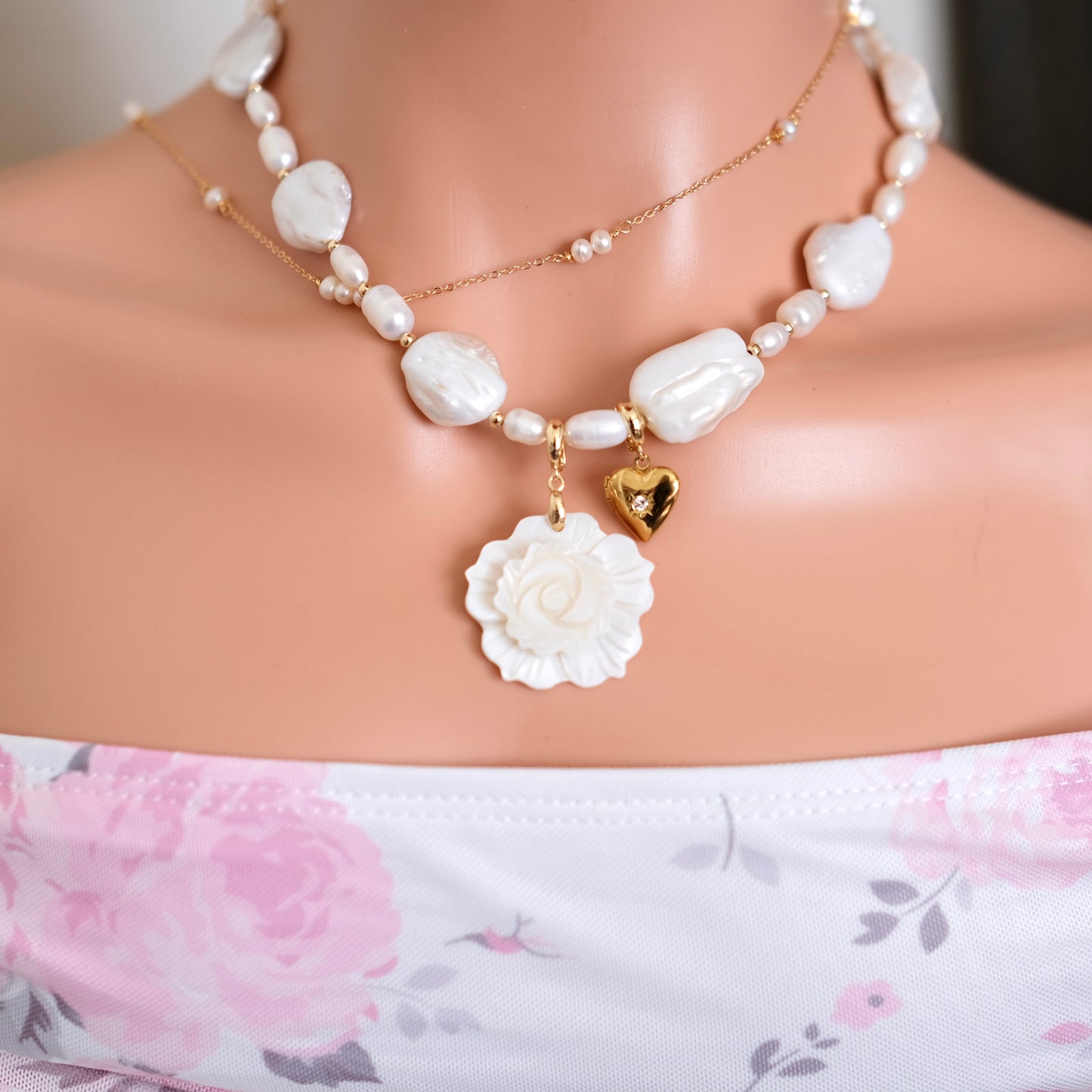 Pre-made Baroque Pearl Rose Pendant Necklace - Elegant White Flower & Gold Heart Charm