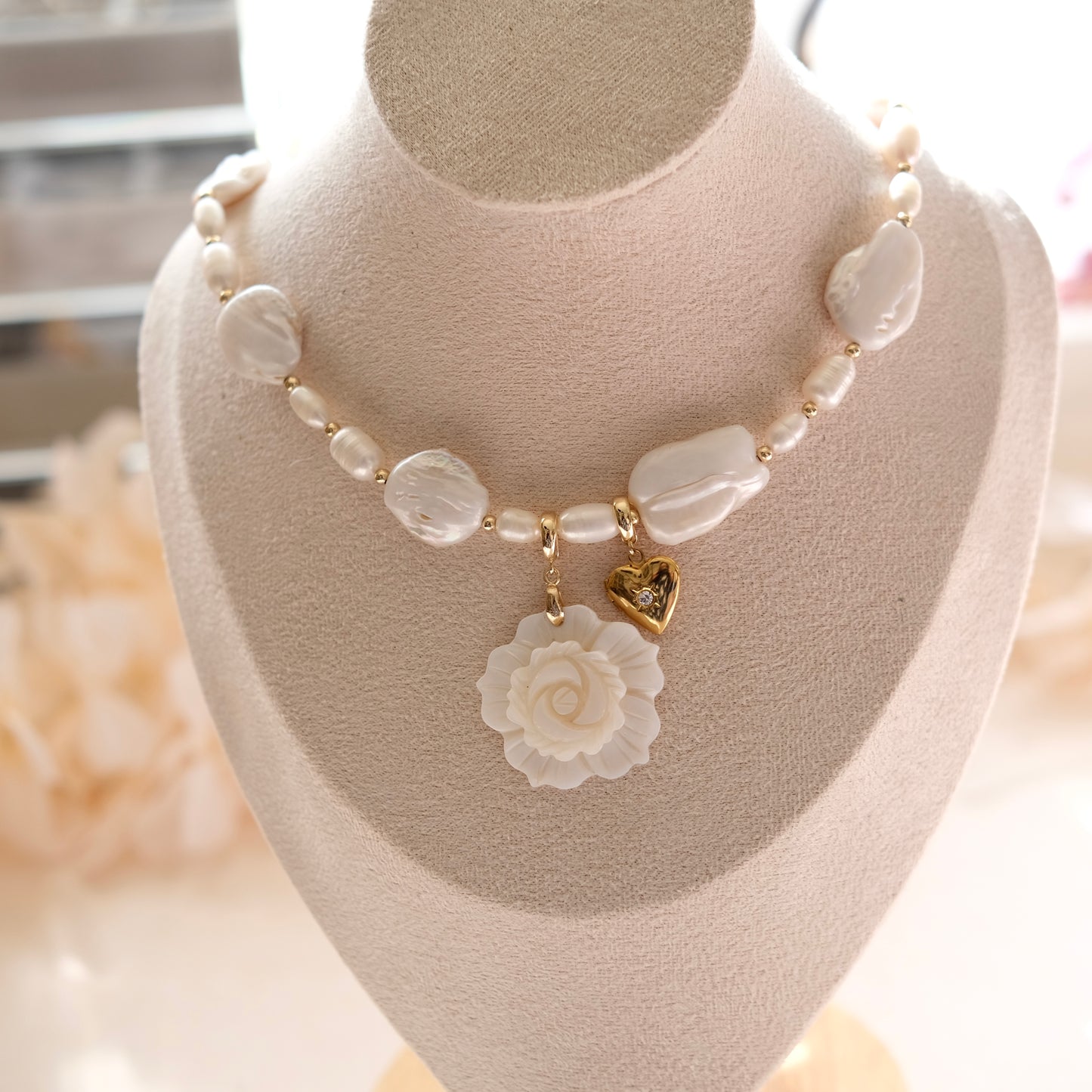 Pre-made Baroque Pearl Rose Pendant Necklace - Elegant White Flower & Gold Heart Charm