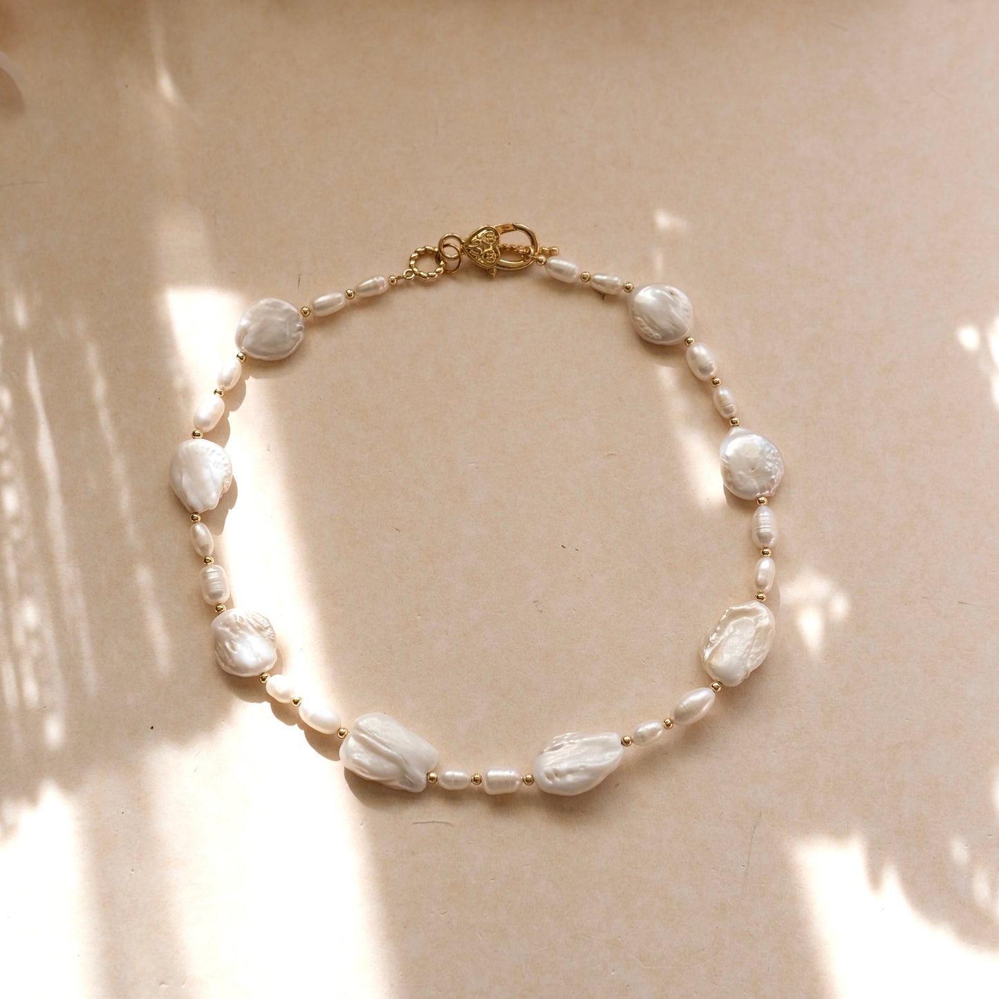 Pre-made Baroque Pearl Rose Pendant Necklace - Elegant White Flower & Gold Heart Charm