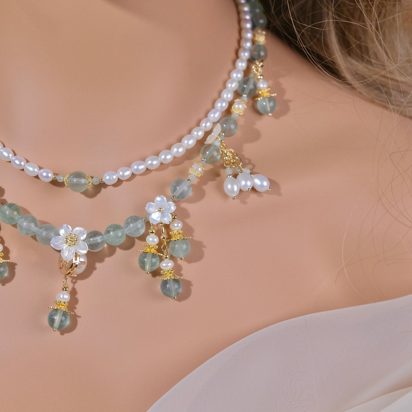 green fairy necklace handmade agate cystal beads handmade Mixed Fluorite beads,pearls necklace jewelry