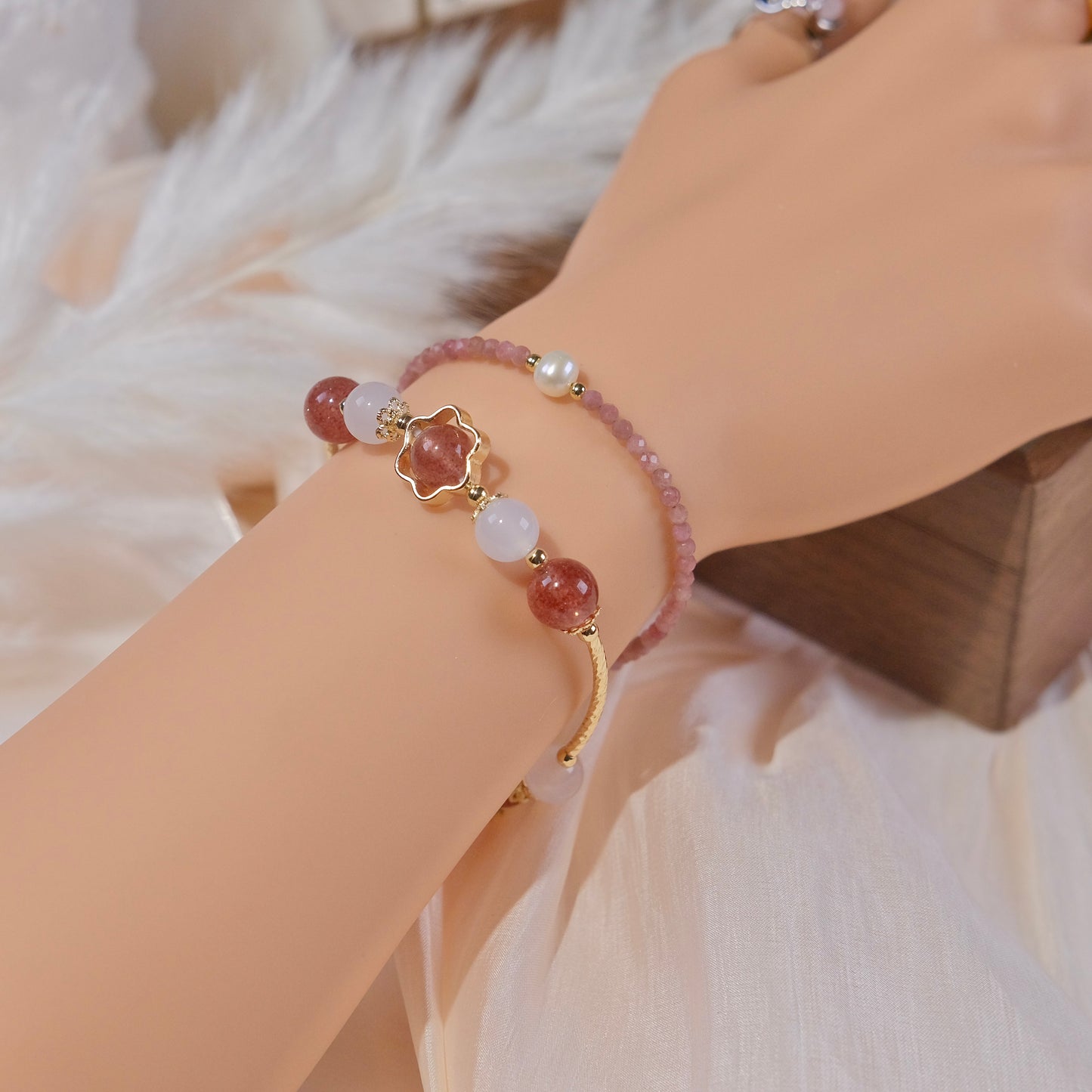 Cuentas de cristal de fresa con cuentas de ágata blanca pulsera joyería moda mujer