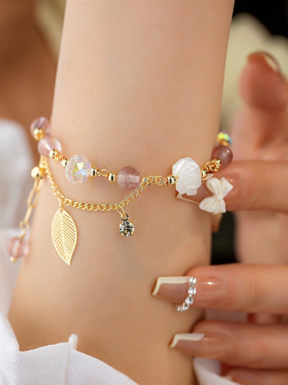 Pulsera de rosa blanca hecha a mano Cuentas de jade Cuentas de cristal de fresa Cuentas de cristal austriaco Pulsera Moda mujer joyería cuentas dailyjewelryannie