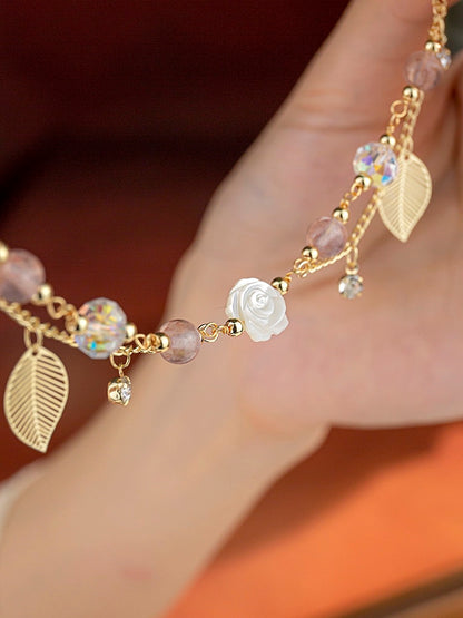 Pulsera de rosa blanca hecha a mano Cuentas de jade Cuentas de cristal de fresa Cuentas de cristal austriaco Pulsera Moda mujer joyería cuentas dailyjewelryannie