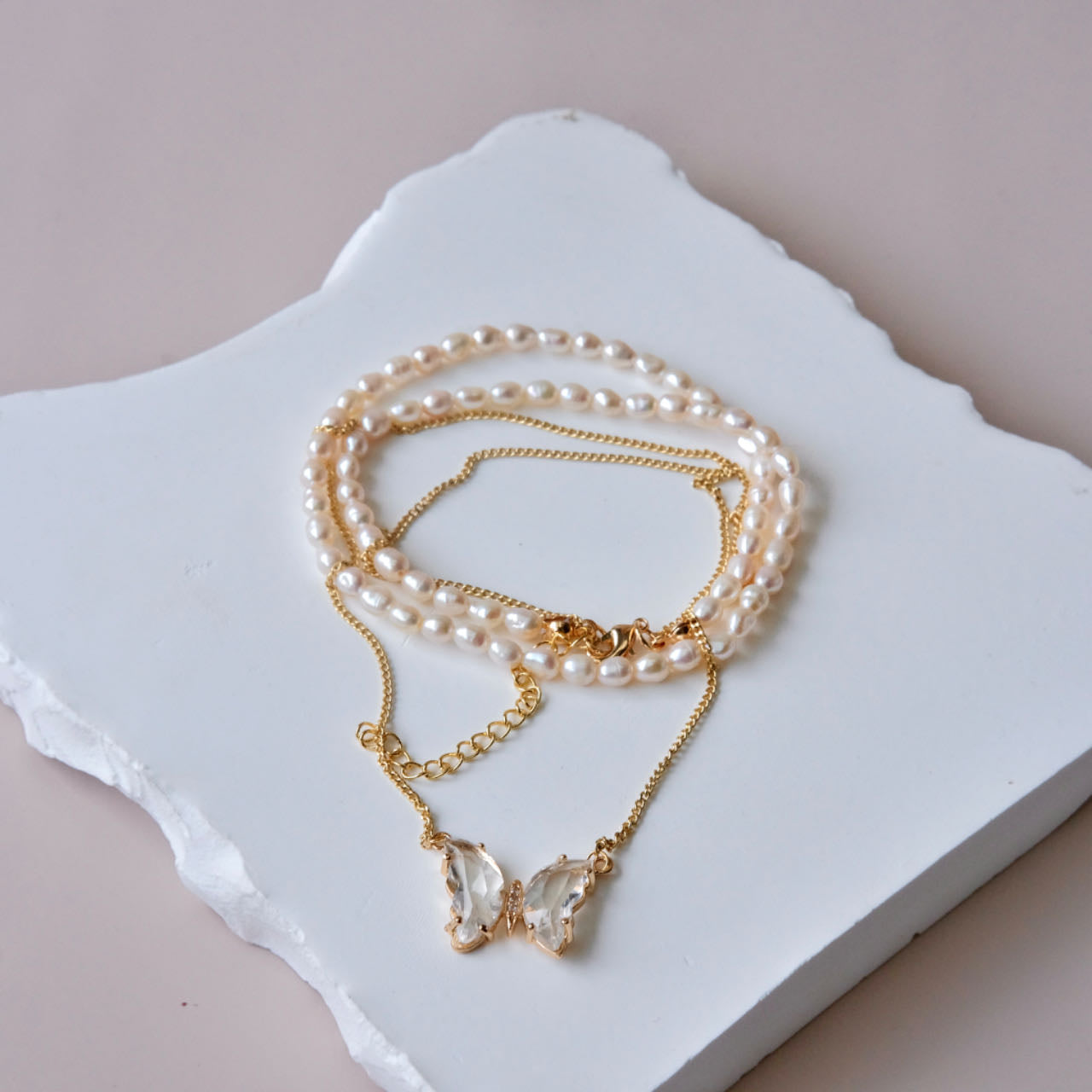 Collar de perlas de circonitas mariposa con collar de dos capas moda mujer