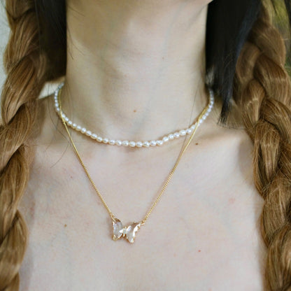 Collar de perlas de circonitas mariposa con collar de dos capas moda mujer