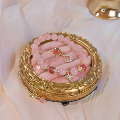 Pulsera de cuentas de cristal rosa con 2 cadenas moda mujer