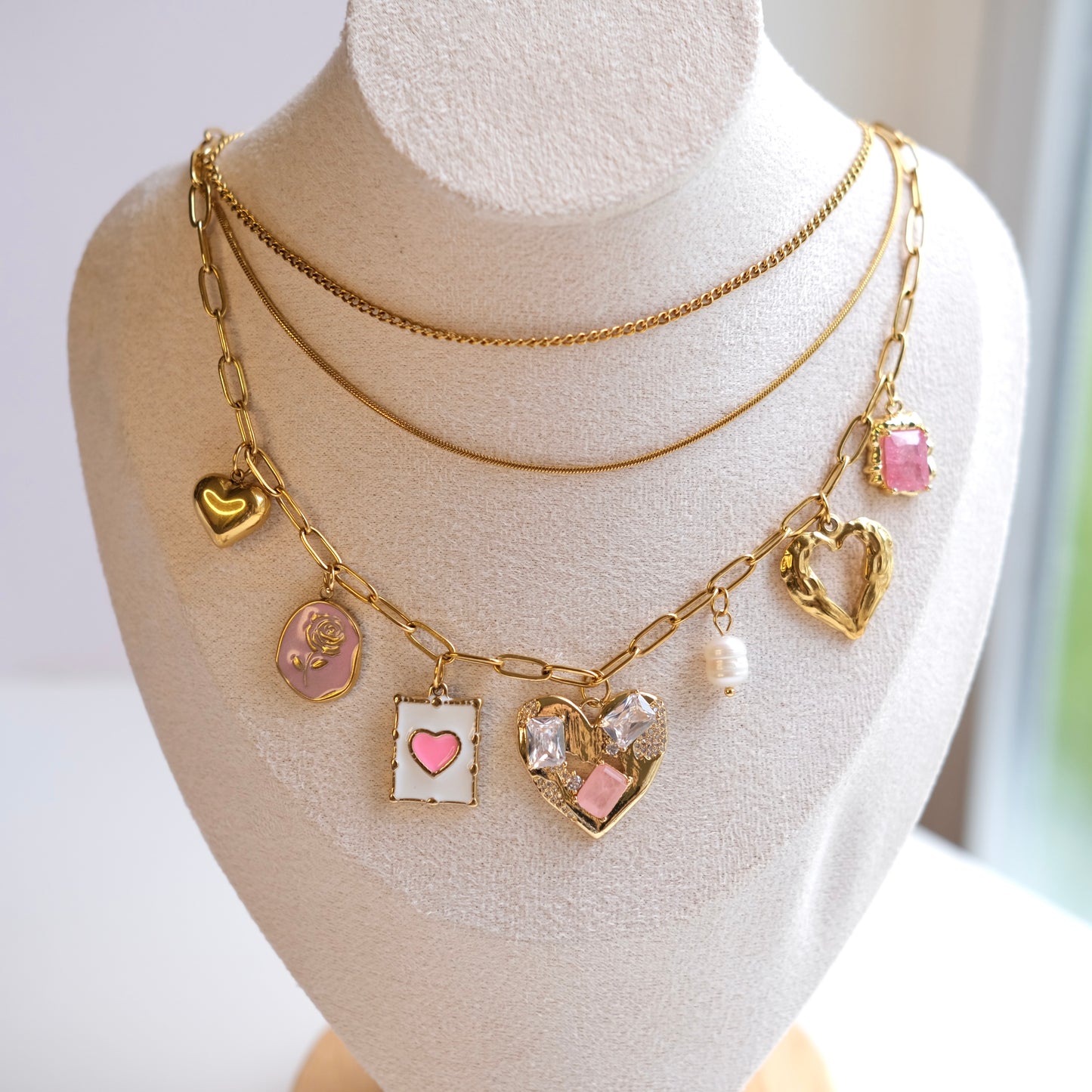 Personalized Gold Heart and Charm Multi-Layer Necklace -customization