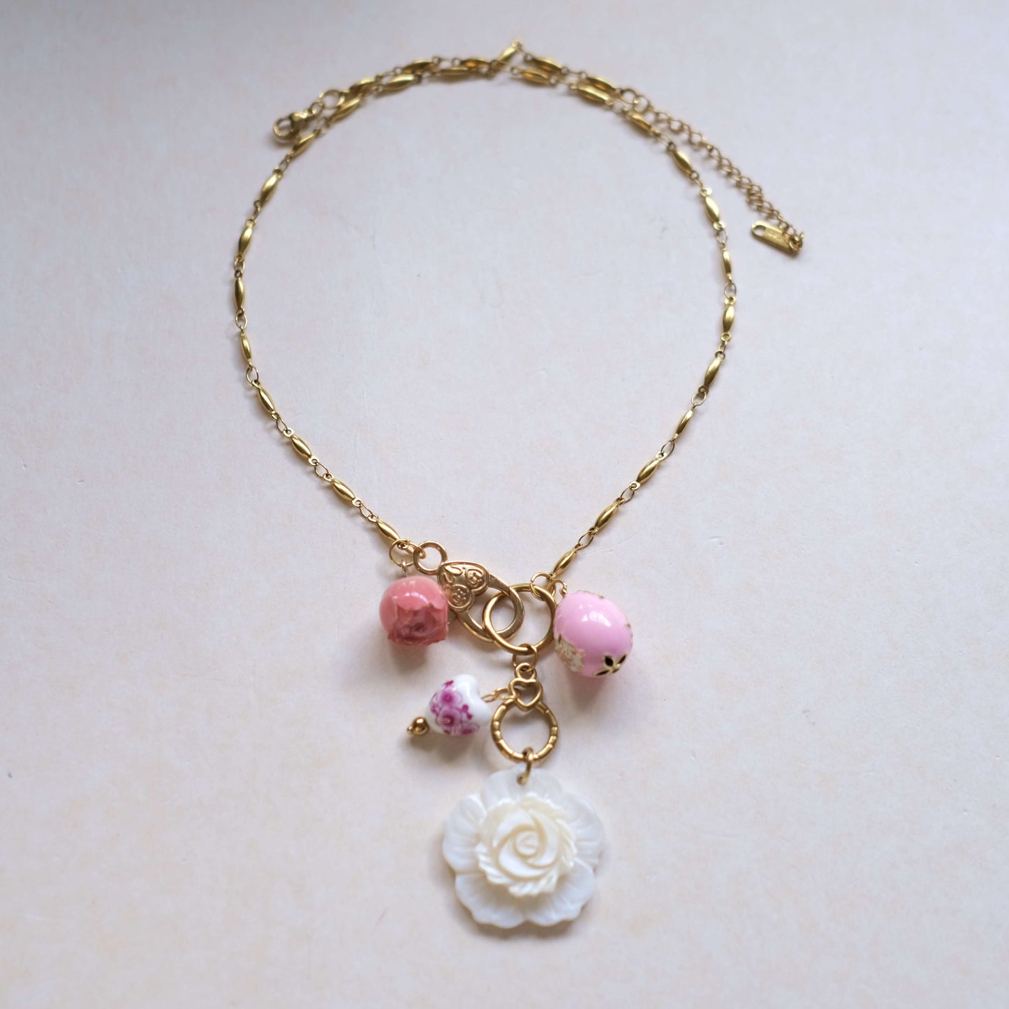 Pink Rose Charm Necklace - Gold Chain with Floral Accents"