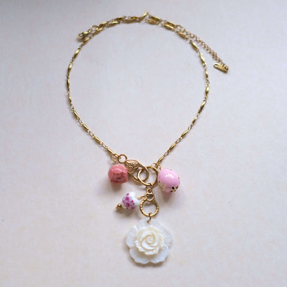 Pink Rose Charm Necklace - Gold Chain with Floral Accents"