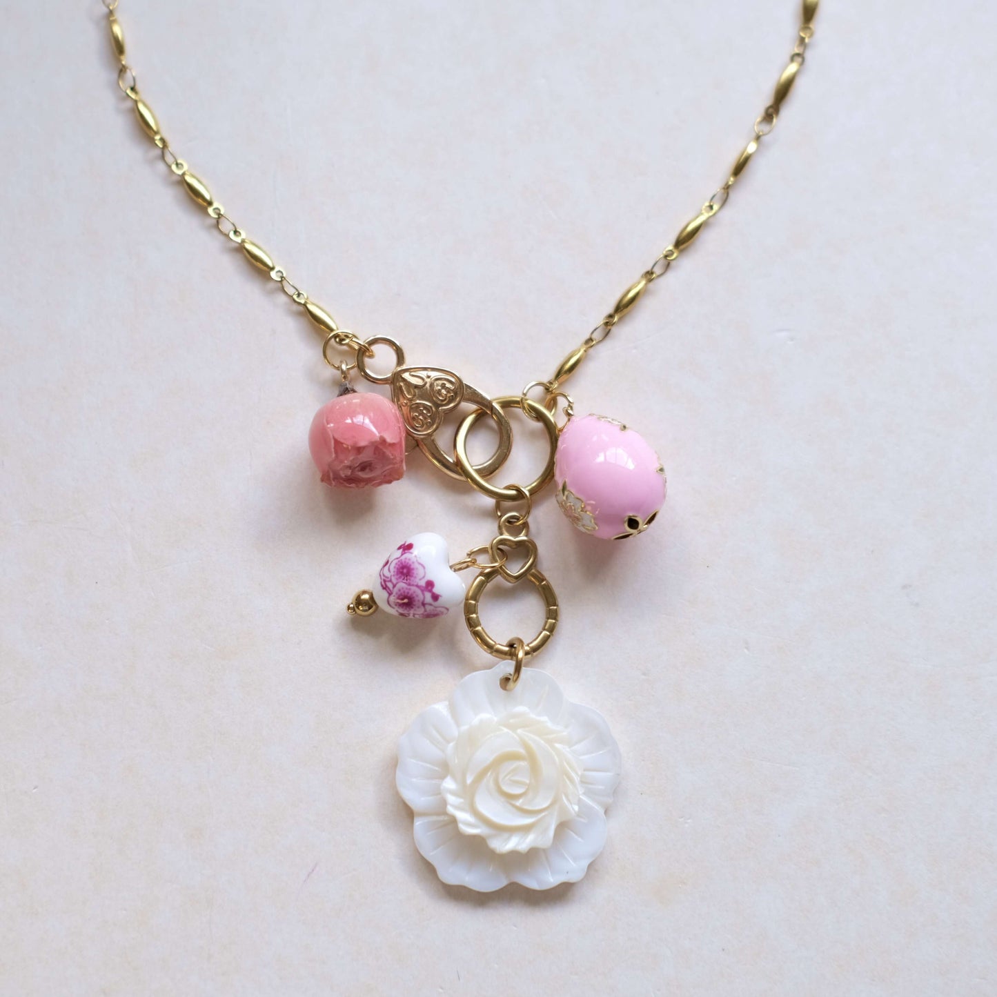 Pink Rose Charm Necklace - Gold Chain with Floral Accents"