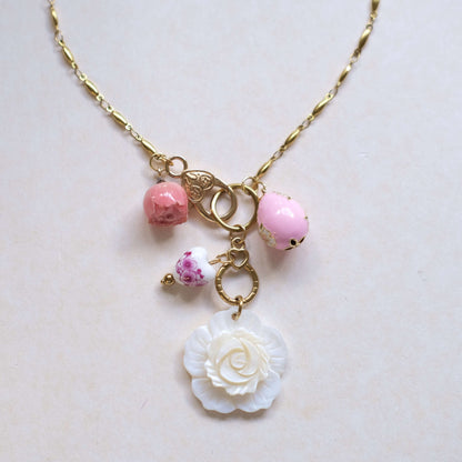 Pink Rose Charm Necklace - Gold Chain with Floral Accents"