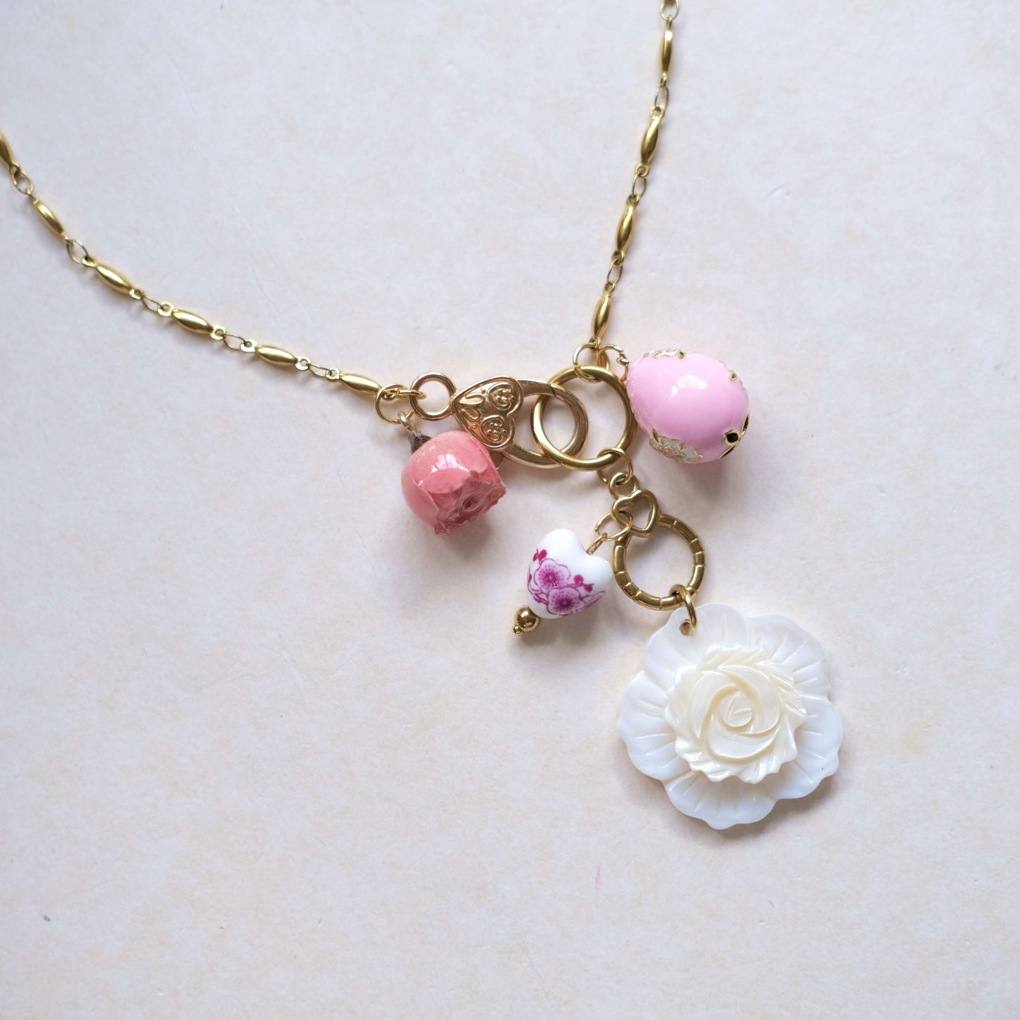 Pink Rose Charm Necklace - Gold Chain with Floral Accents"