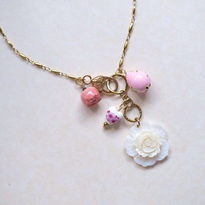Pink Rose Charm Necklace - Gold Chain with Floral Accents"