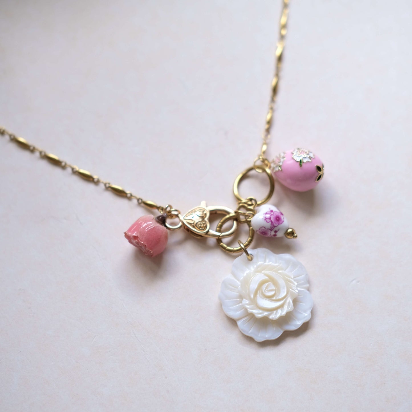 Pink Rose Charm Necklace - Gold Chain with Floral Accents"