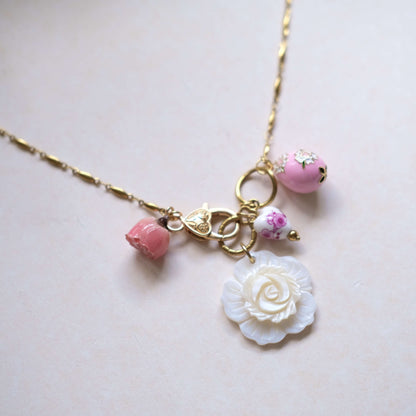 Pink Rose Charm Necklace - Gold Chain with Floral Accents"